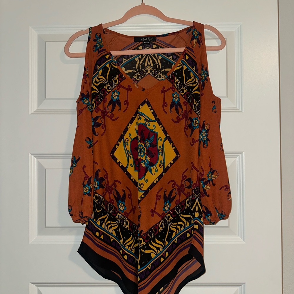 HeartSoul Rust Orange Floral Geometric Cold-Shoulder Blouse